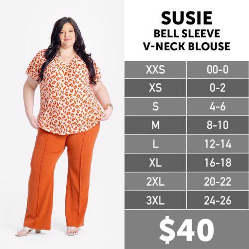 Susie Bell Sleeve V-Neck Blouse Size Chart